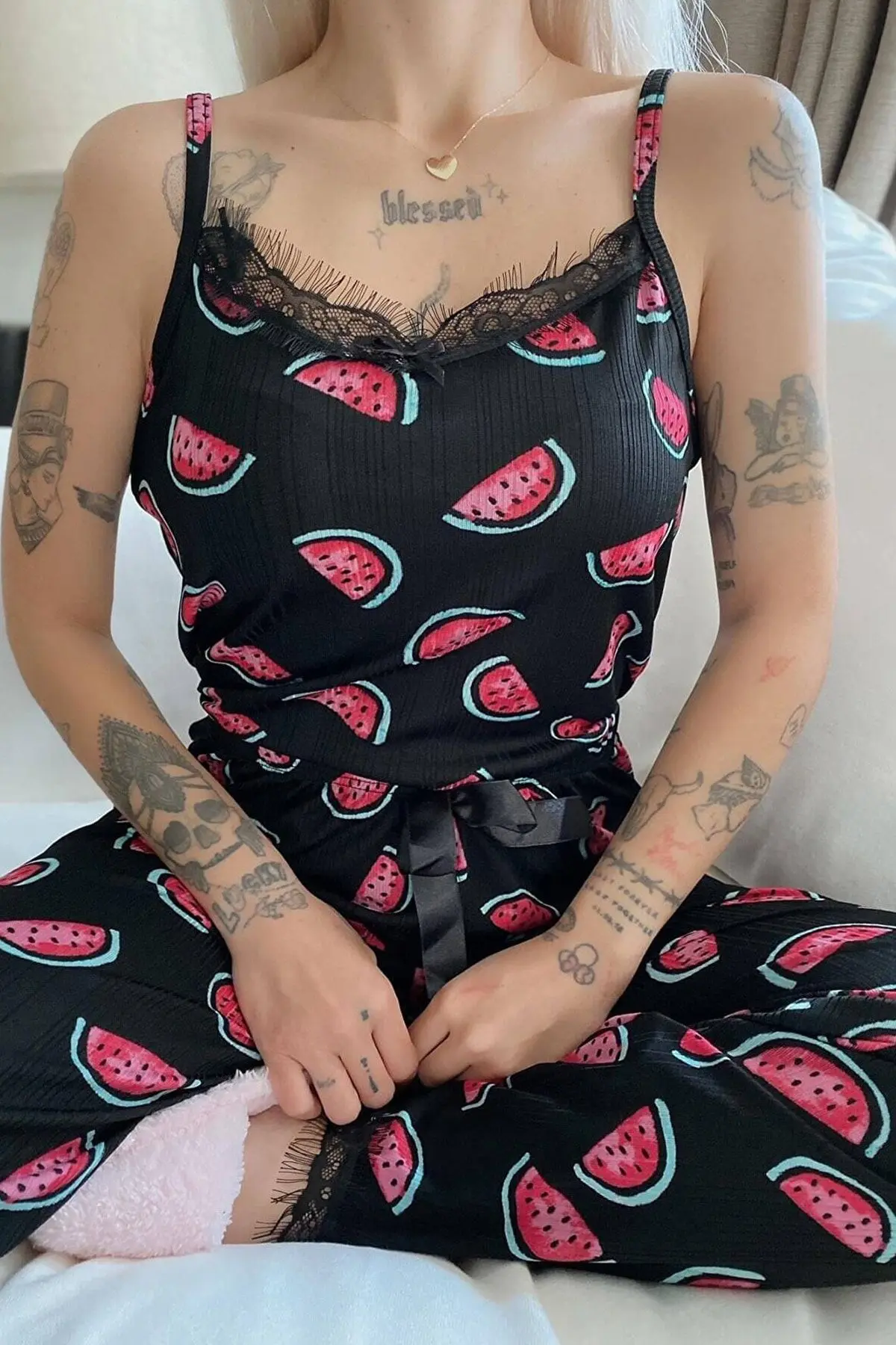 Kadın Karpuz Baskılı Dantelli Ip Askılı Örme Pijama Takımı