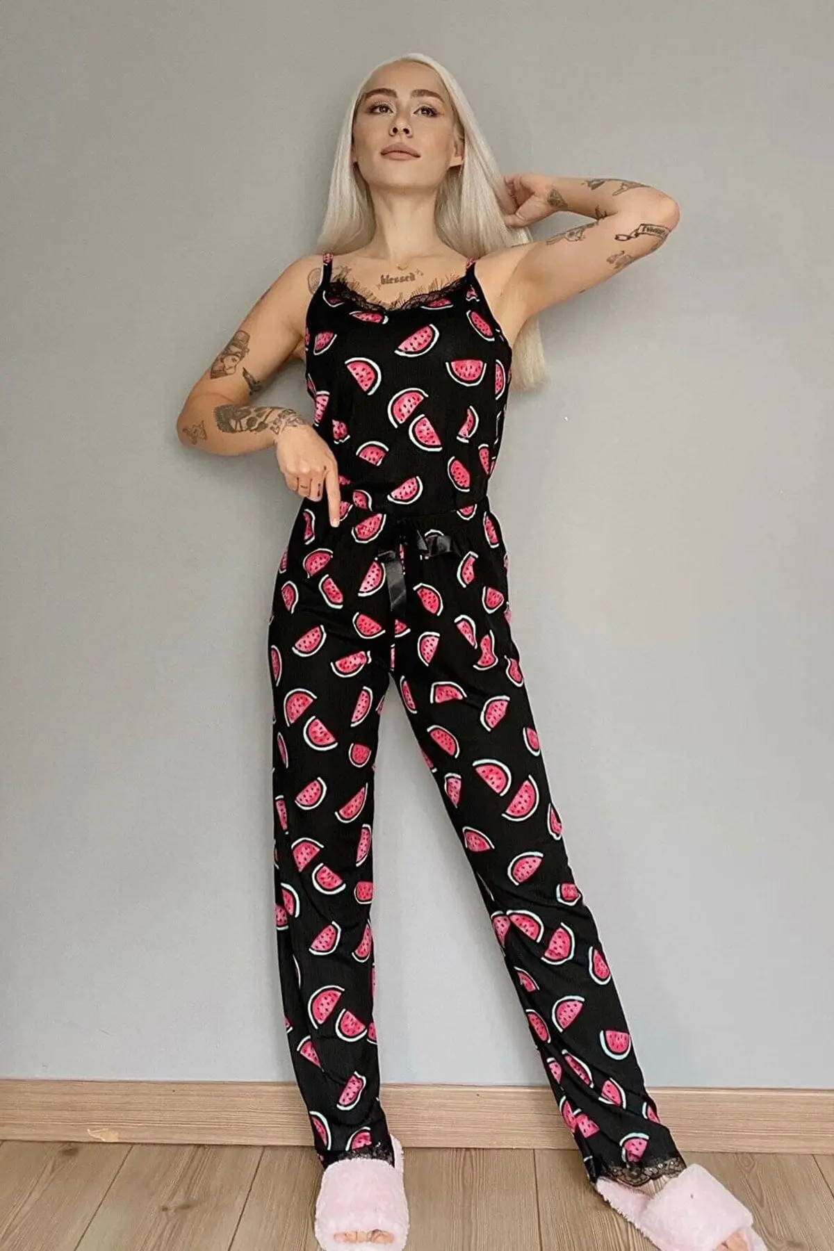 Kadın Karpuz Baskılı Dantelli Ip Askılı Örme Pijama Takımı