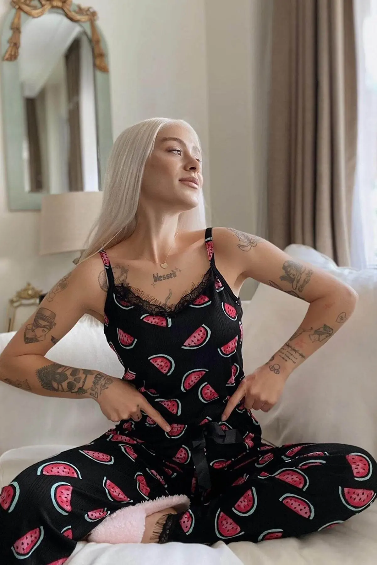 Kadın Karpuz Baskılı Dantelli Ip Askılı Örme Pijama Takımı
