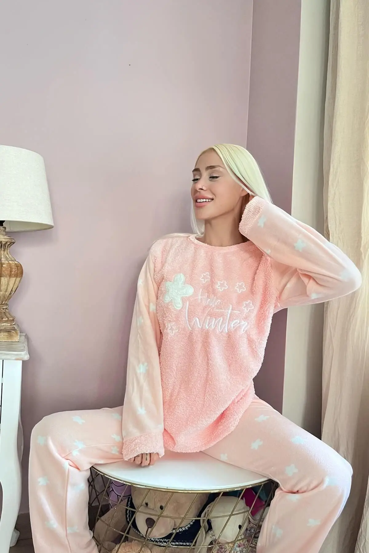 Somon Hello Winter Desenli Kadın Peluş Pijama Takımı