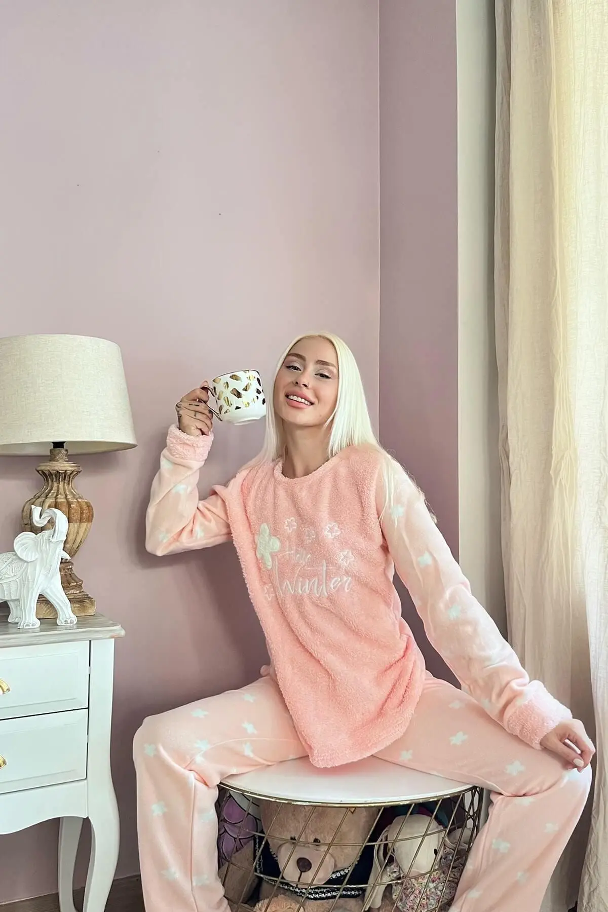 Somon Hello Winter Desenli Kadın Peluş Pijama Takımı