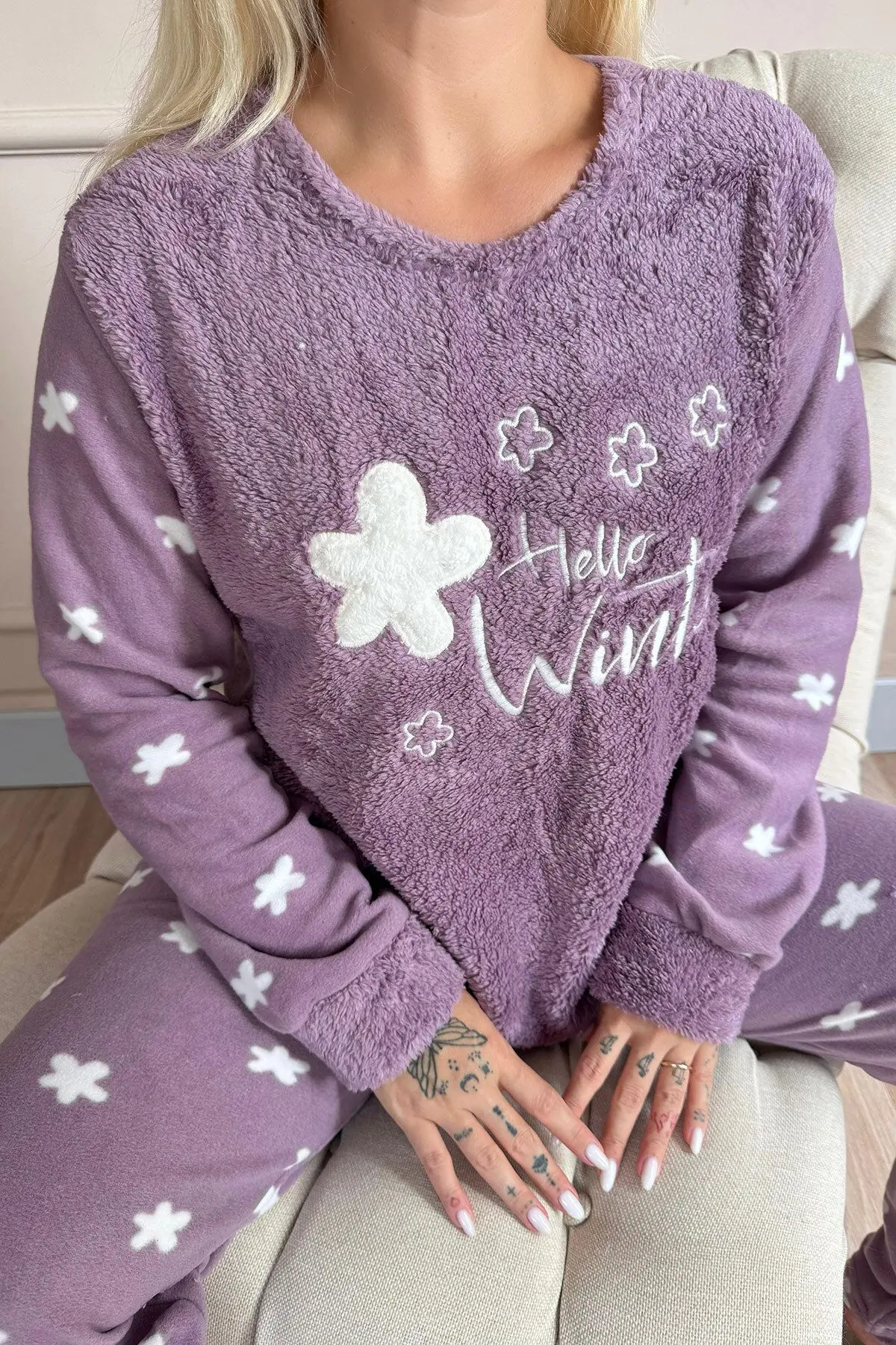 Mor Hello Winter Desenli Kadın Peluş Pijama Takımı
