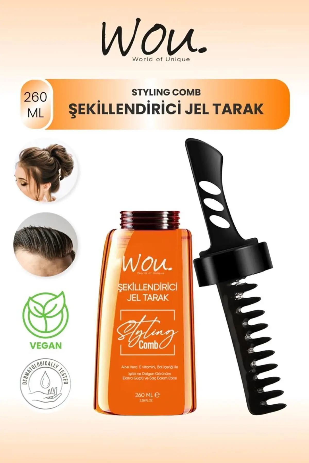 WOU World of Unique Saç Şekillendirici Jel Tarak 260 Ml Işıltılı Ve Dolgun Görünüm Ekstra Güçlü Ve Saç Bakım Etkisi