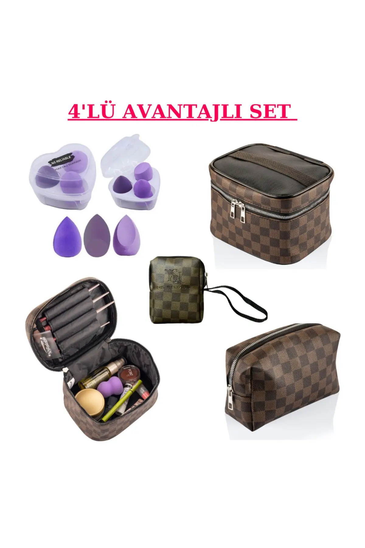 NS reliable 4'lü Set Desenli Seyahat Makyaj Organizatörü Çok Fonksiyonlu Kozmetik Çanta-3'lü Makyaj süngeri
