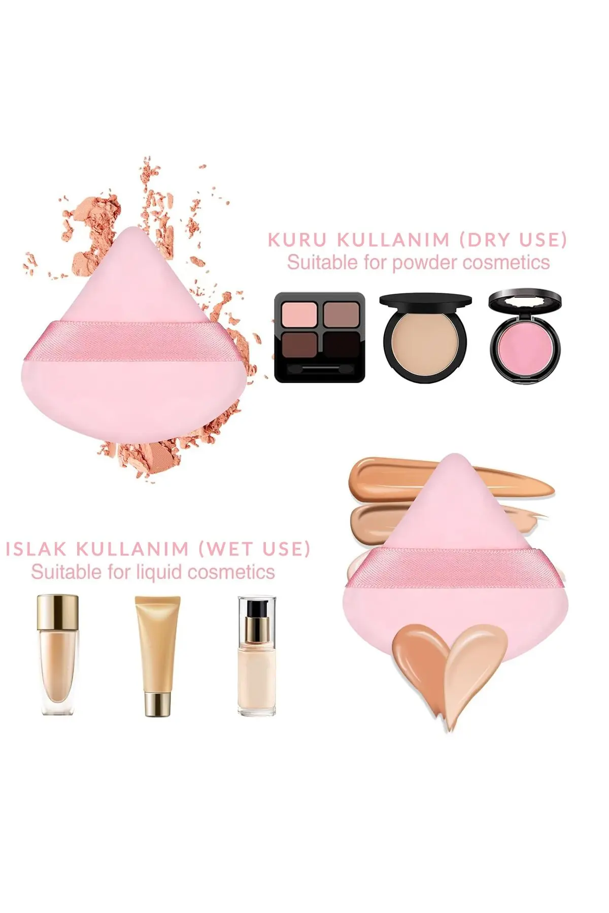 3'lü Tutmalı Kadife Makyaj Süngeri (Yıkanabilir) Pudra Fondöten BB Krem Uygulama