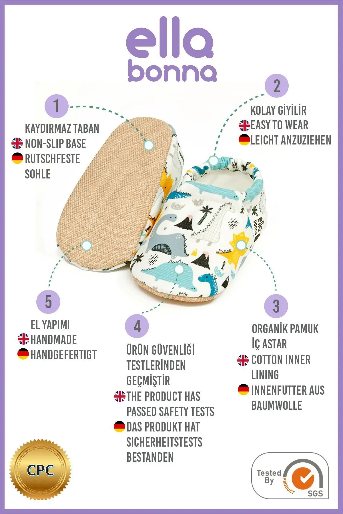 Kaydırmaz Taban Dino Bebek Patik, Ev Botu Terliği Kreş Ayakkabısı Panduf