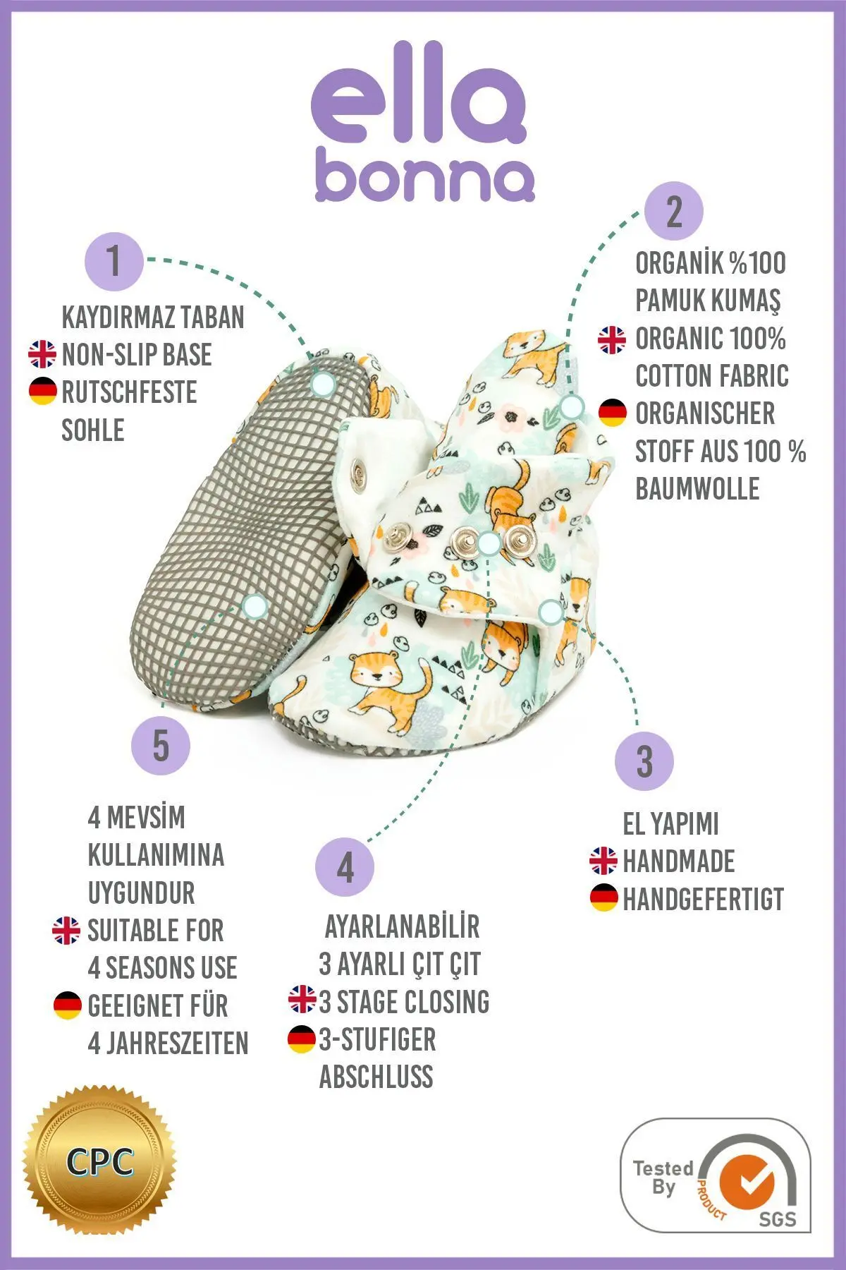 Organik Pamuk Bebek Patiği, Kaydırmaz Taban, Pamuklu Yenidoğan Pandufu Ev Kreş Ayakkabısı