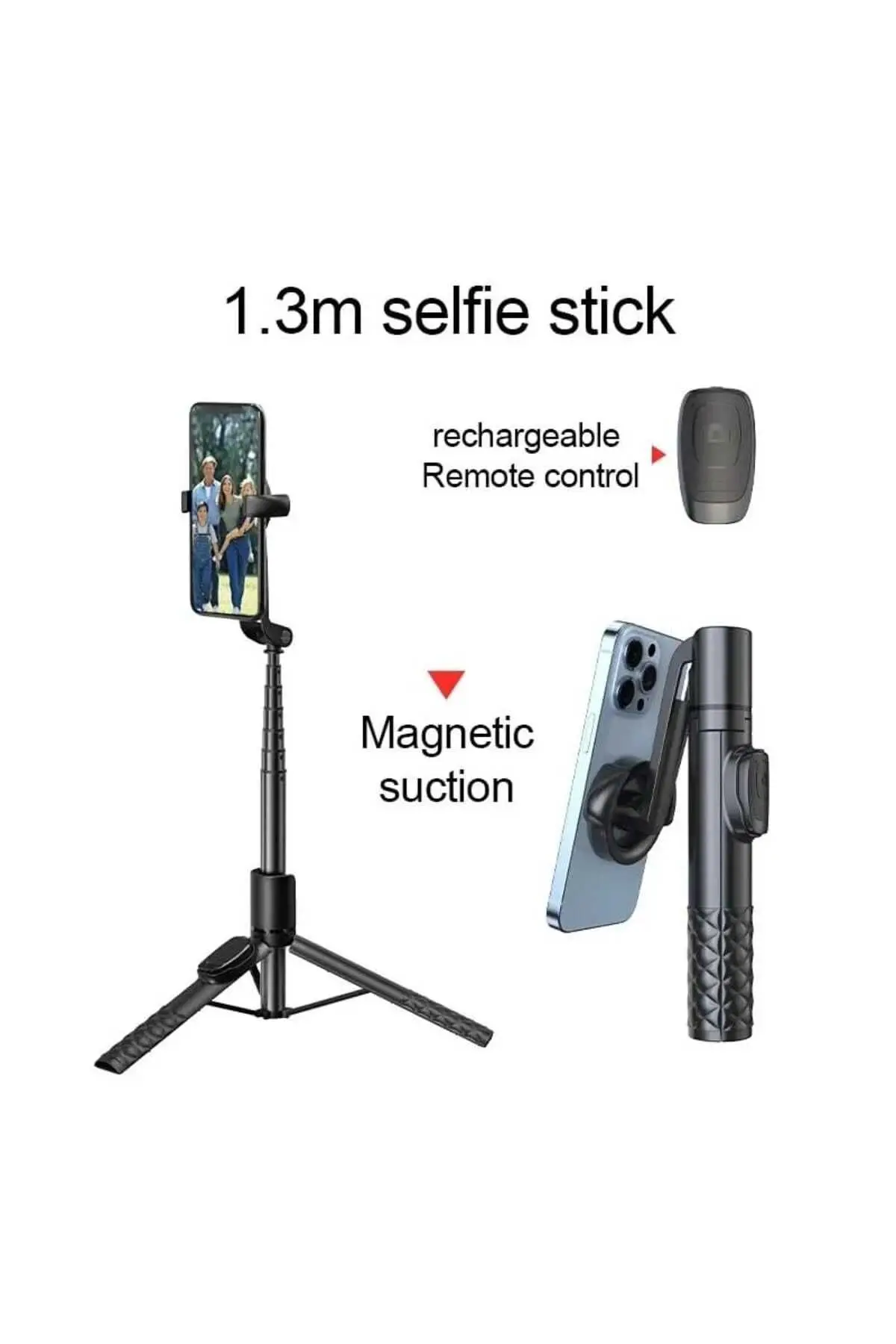 Magsafe Uyumlu, Kumandalı Katlanabilir Selfie Çubuğu, Taşınabilir 130 cm Tripod
