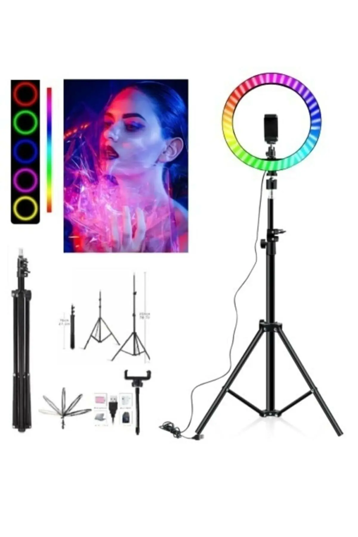Asfal 10 Inç 26 Cm Rgb Çok Renkli Led Make Up Selfie Işığı Ve 210 Cm Tripot Selfie Çubuğu Tiktok Işığı
