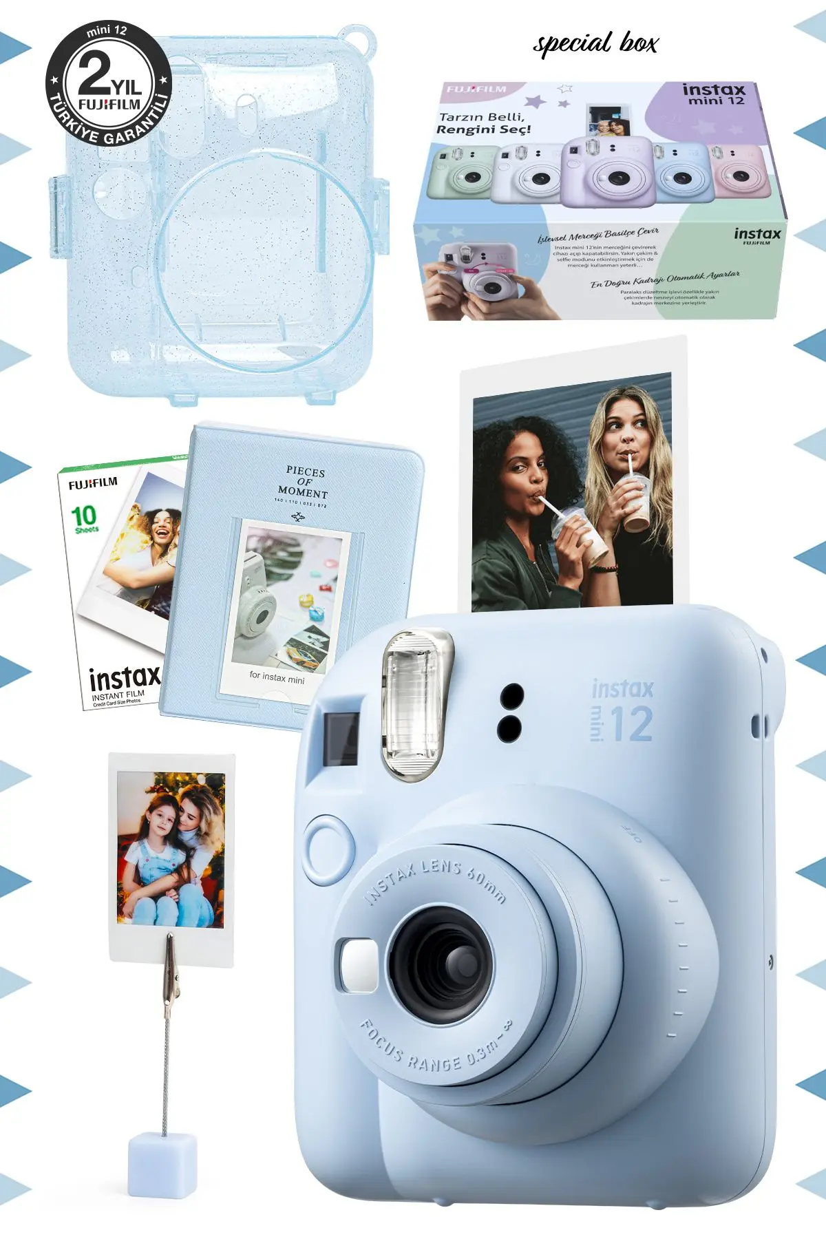 Fujifilm Instax mini 12 Mavi Fotoğraf Makinesi-10'lu Film-Kıskaçlı Stand-PVC Albüm ve Simli Pleksi Kılıf Seti