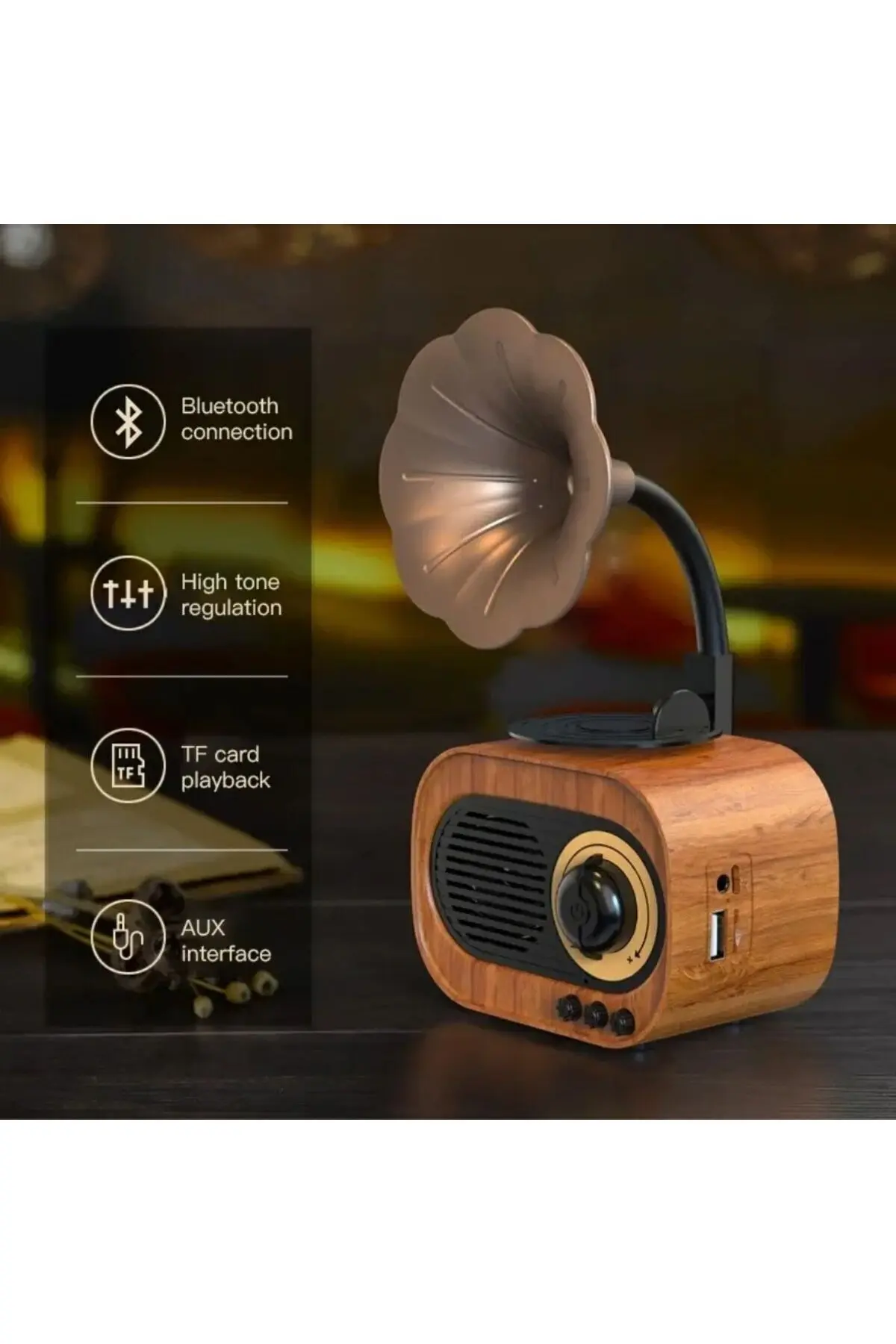 Nostaljik Radyo Fm Ahşap Görünümlü Bluetooth Hoparlör Gramafonlu