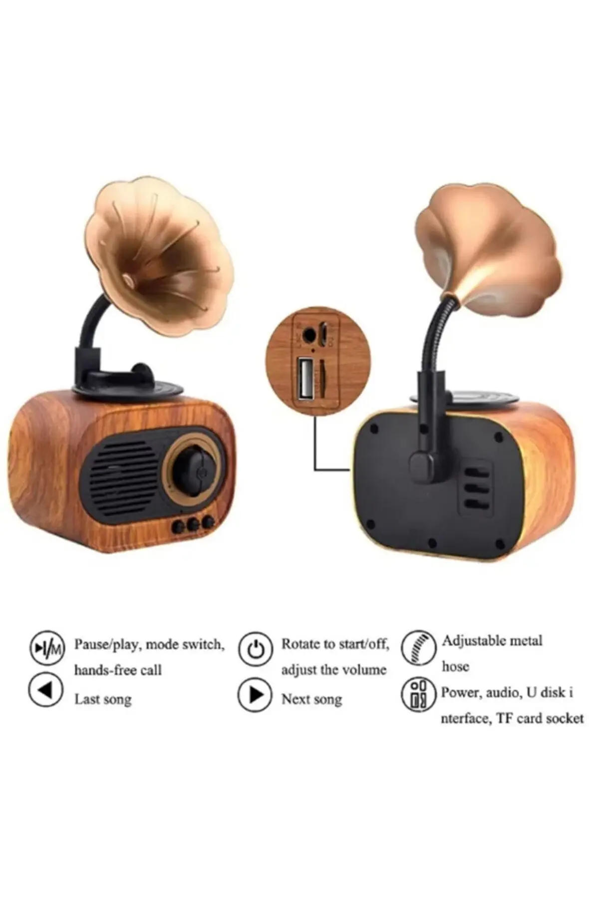 Nostaljik Radyo Fm Ahşap Görünümlü Bluetooth Hoparlör Gramafonlu