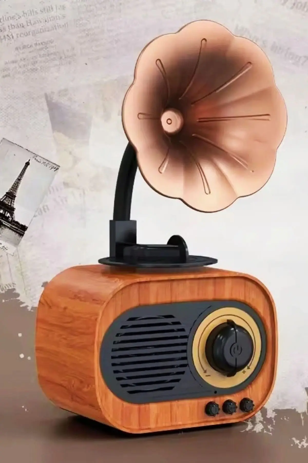 Nostaljik Radyo Fm Ahşap Görünümlü Bluetooth Hoparlör Gramafonlu