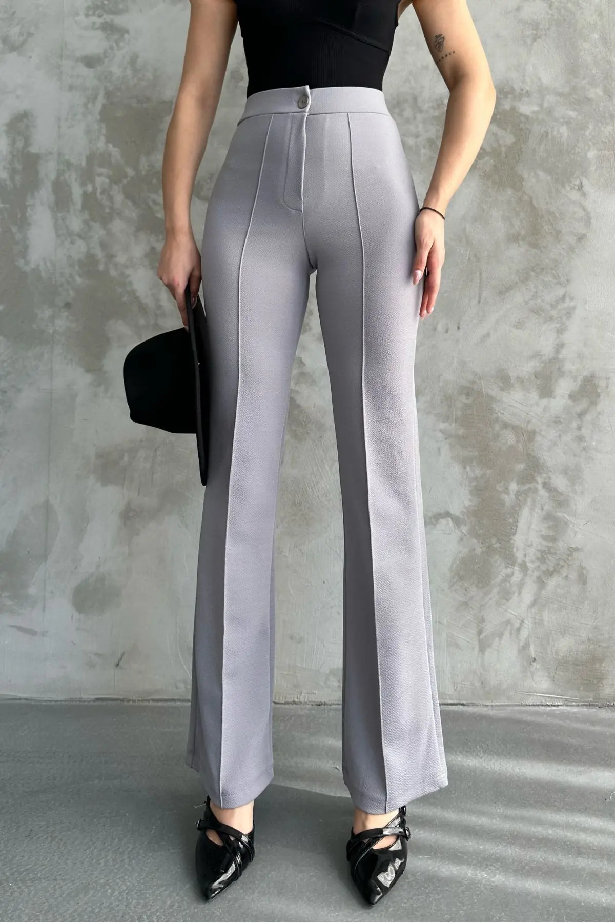 macharel jeans Kadın Yüksek Bel Toparlayıcı Ispanyol Paça Palazzo Gri Pantolon