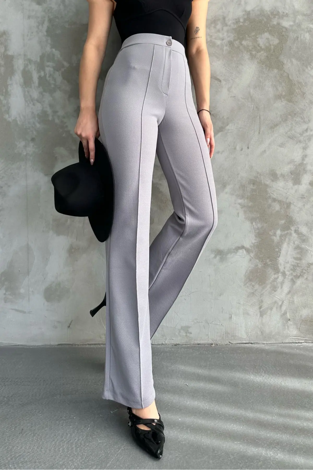 Kadın Yüksek Bel Toparlayıcı Ispanyol Paça Palazzo Gri Pantolon