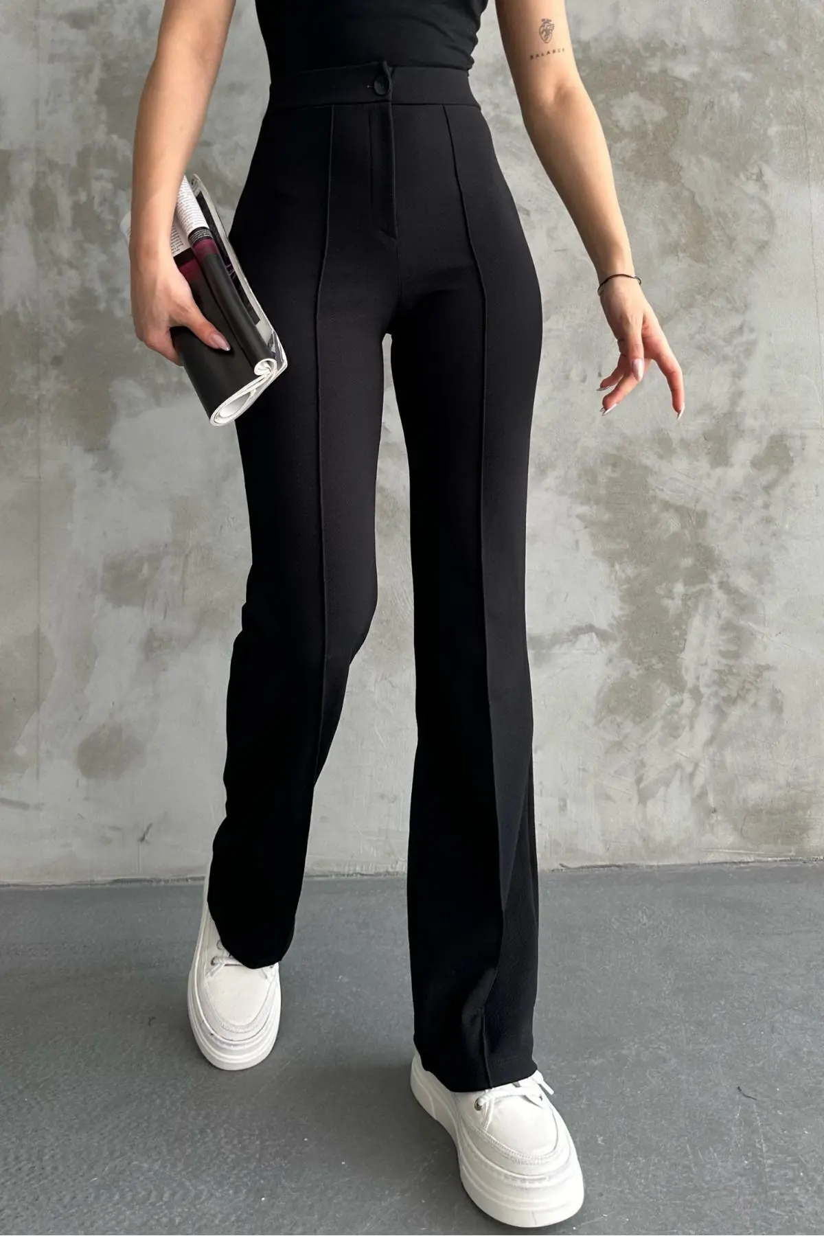 macharel jeans Kadın Siyah Yüksek Bel Toparlayıcı Ispanyol Paça Palazzo Pantolon