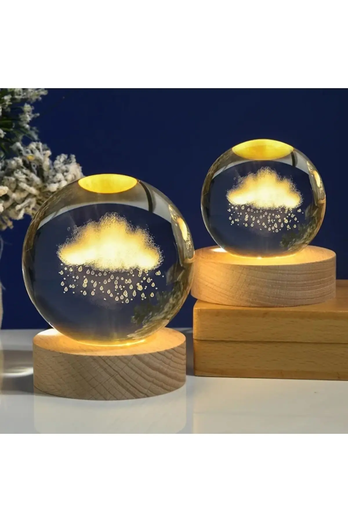 Kristal Cam Küre LED Işıklı USB Ahşap Tabanlı 3D Ev Oda Ofis İş Masaüstü Dekoratif Hediyelik Vip Set