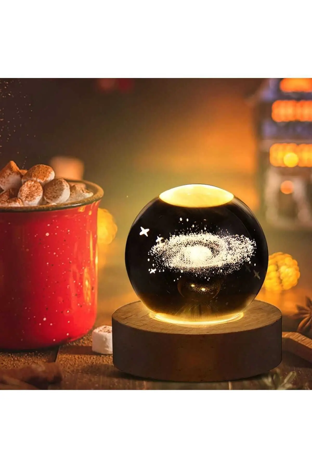 Kristal Cam Küre LED Işıklı USB Ahşap Tabanlı 3D Ev Oda Ofis İş Masaüstü Dekoratif Hediyelik Vip Set