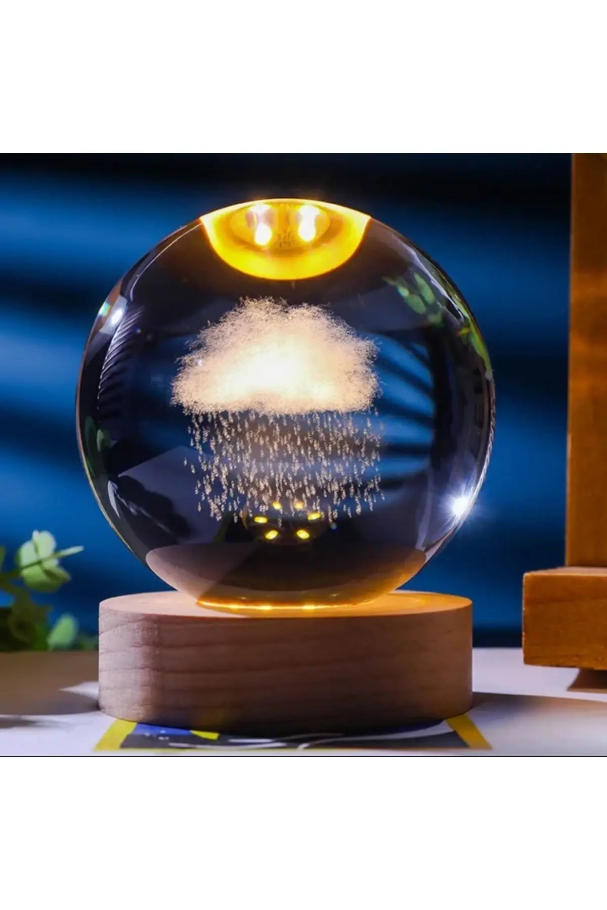 Kristal Cam Küre LED Işıklı USB Ahşap Tabanlı 3D Ev Oda Ofis İş Masaüstü Dekoratif Hediyelik Vip Set