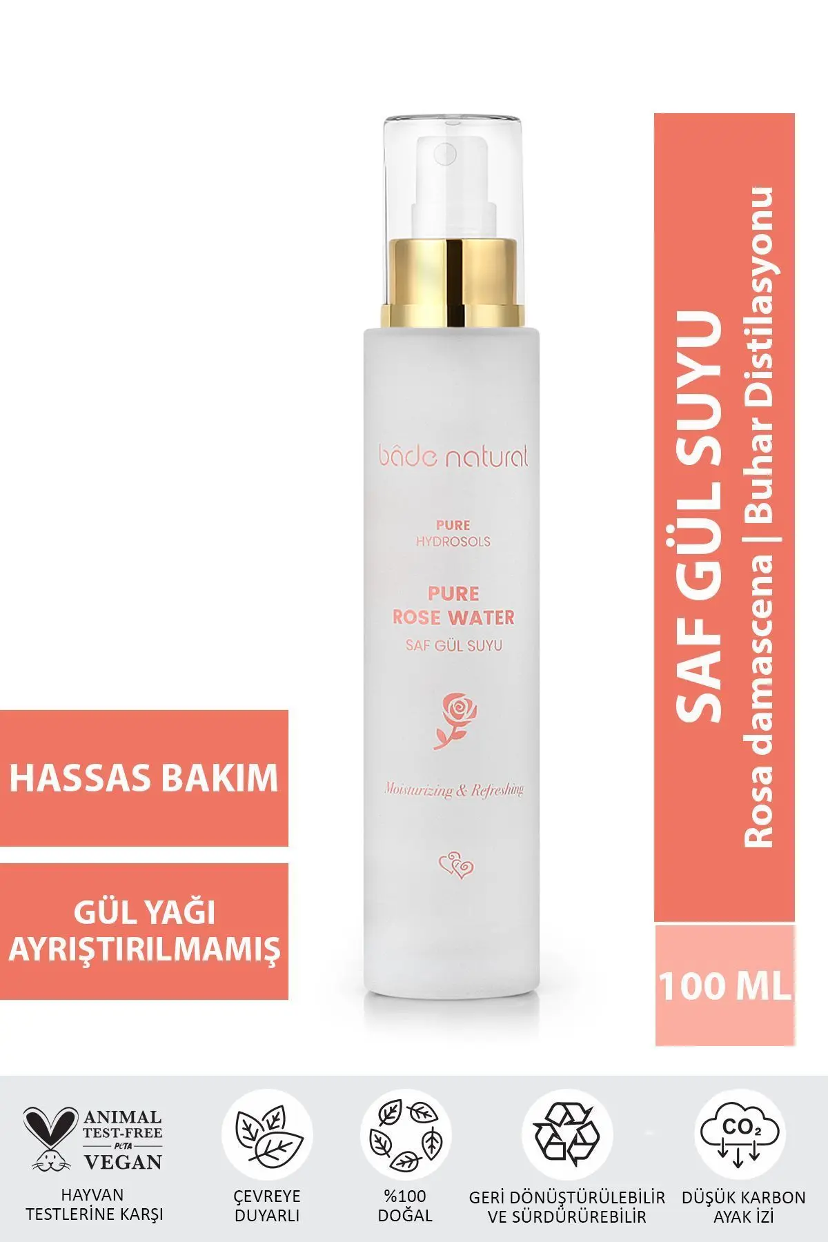 Bade Natural Gül Suyu Gözenek Sıkılaştırıcı Aydınlatıcı Ve Arındırıcı Tonik %100 Doğal Ve Saf 100 ml