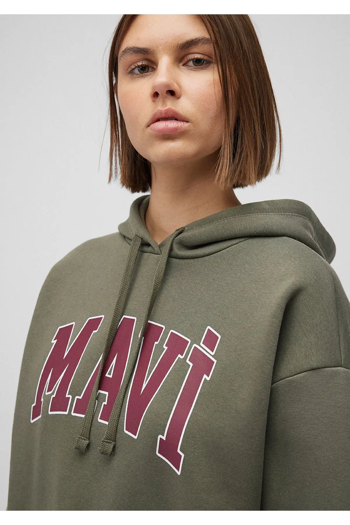 Logo Baskılı Kapüşonlu Haki Sweatshirt Oversize / Geniş Kesim 1600361-71581