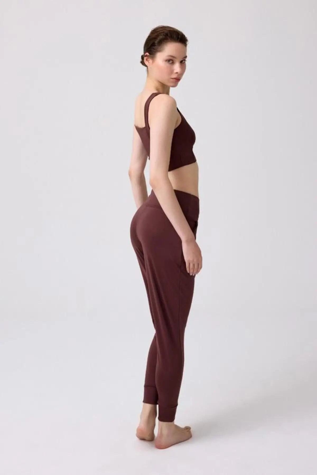 Kahverengi Yüksek Bel Çift Cepli Kadın Jogger Eşofman Altı