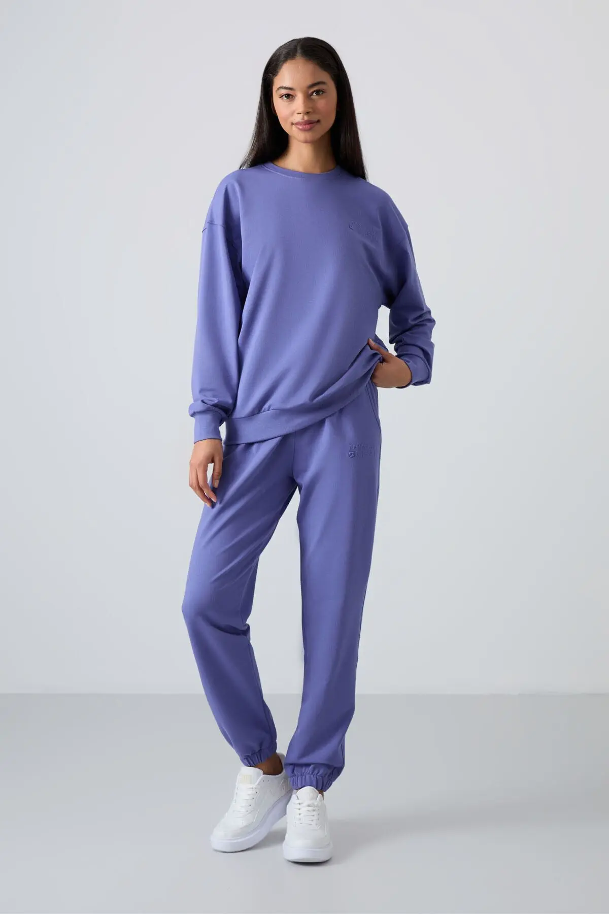 TOMMY LIFE Eflatun O Yaka Oversize Lastik Paça Kadın Eşofman Takım - 95287