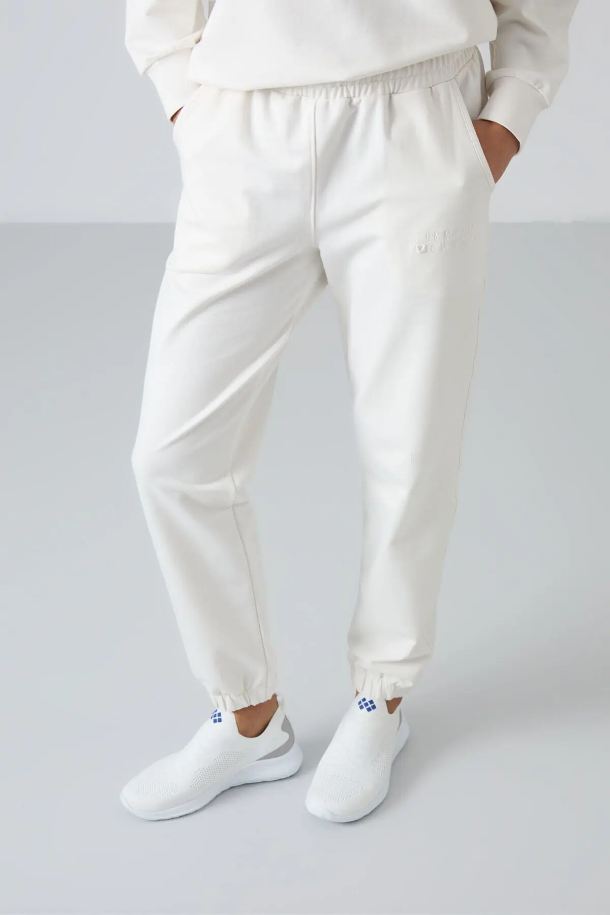 Ekru O Yaka Oversize Lastik Paça Kadın Eşofman Takım - 95287