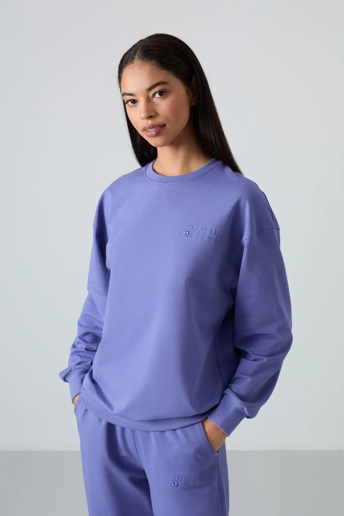 Eflatun O Yaka Oversize Lastik Paça Kadın Eşofman Takım - 95287