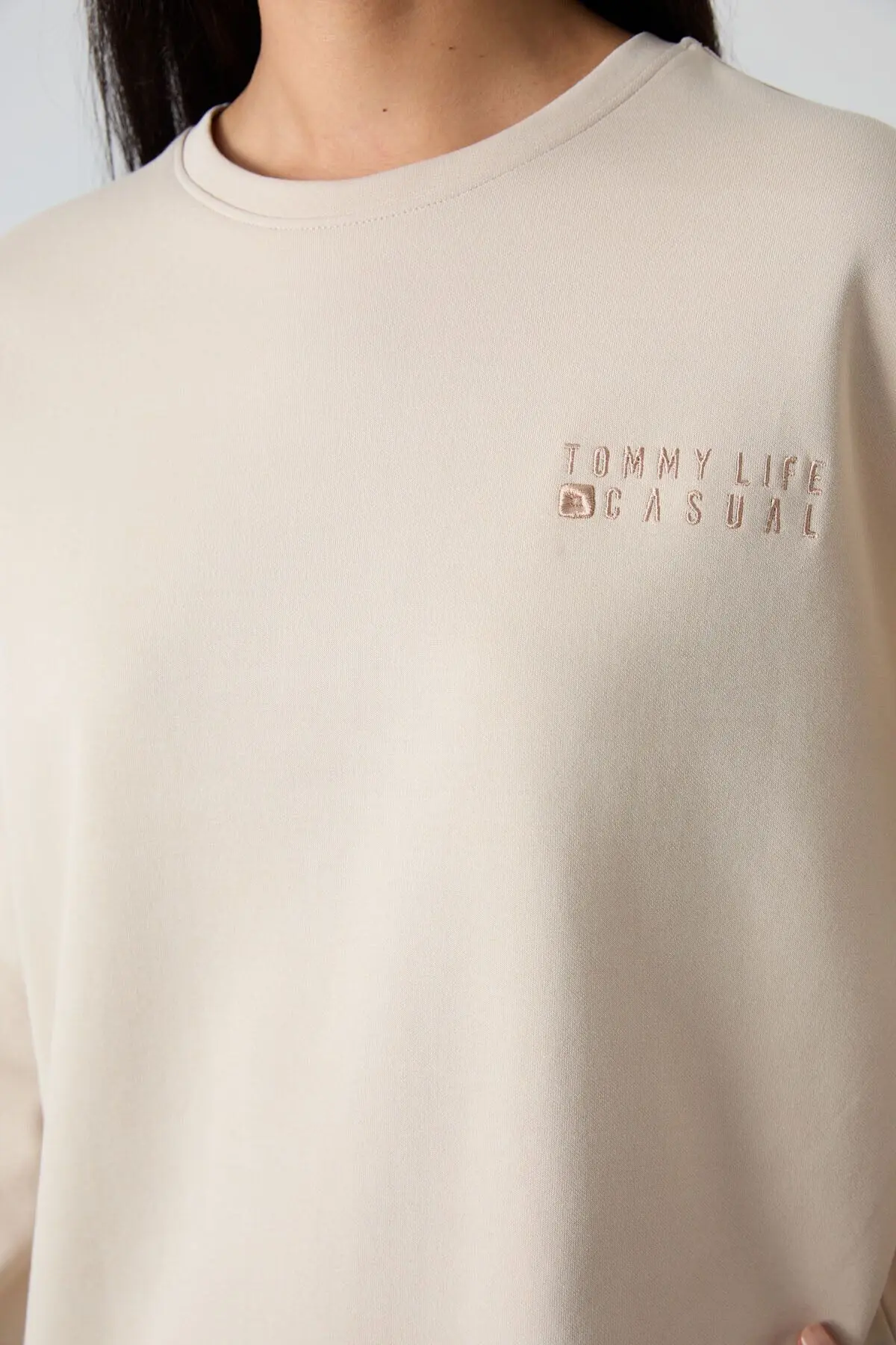 Bej O Yaka Oversize Lastik Paça Kadın Eşofman Takım - 95287