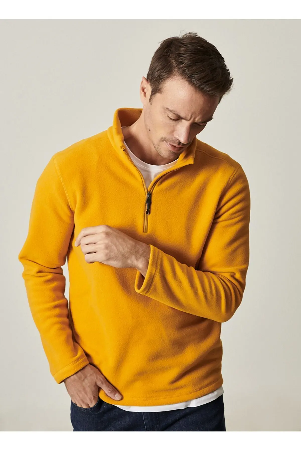 Erkek Sarı Anti-pilling Tüylenme Yapmayan Standart Fit Dik Yaka Soğuk Geçirmez Polar Sweatshirt
