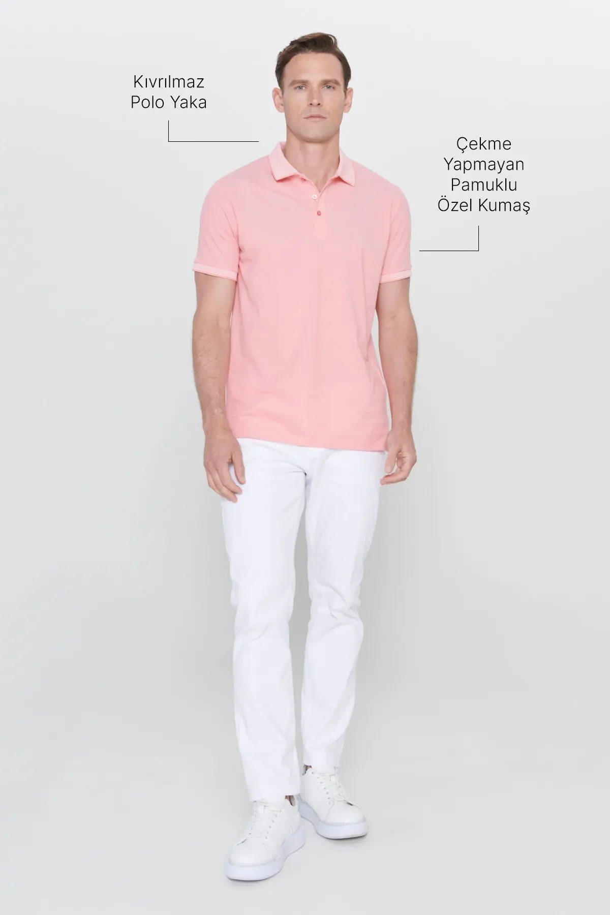 Erkek Çekmeyen Pamuklu Kumaş Slim Fit Dar Kesim Pembe-Beyaz Kıvrılmaz Polo Yaka Tişört