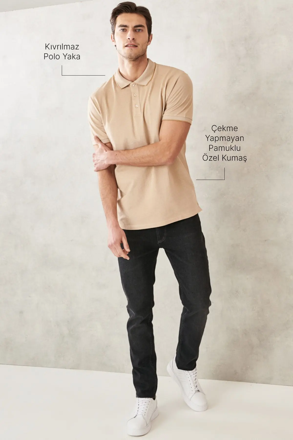 Erkek Çekmeyen Pamuklu Kumaş Slim Fit Dar Kesim Açık Bej-Beyaz Kıvrılmaz Polo Yaka Tişört
