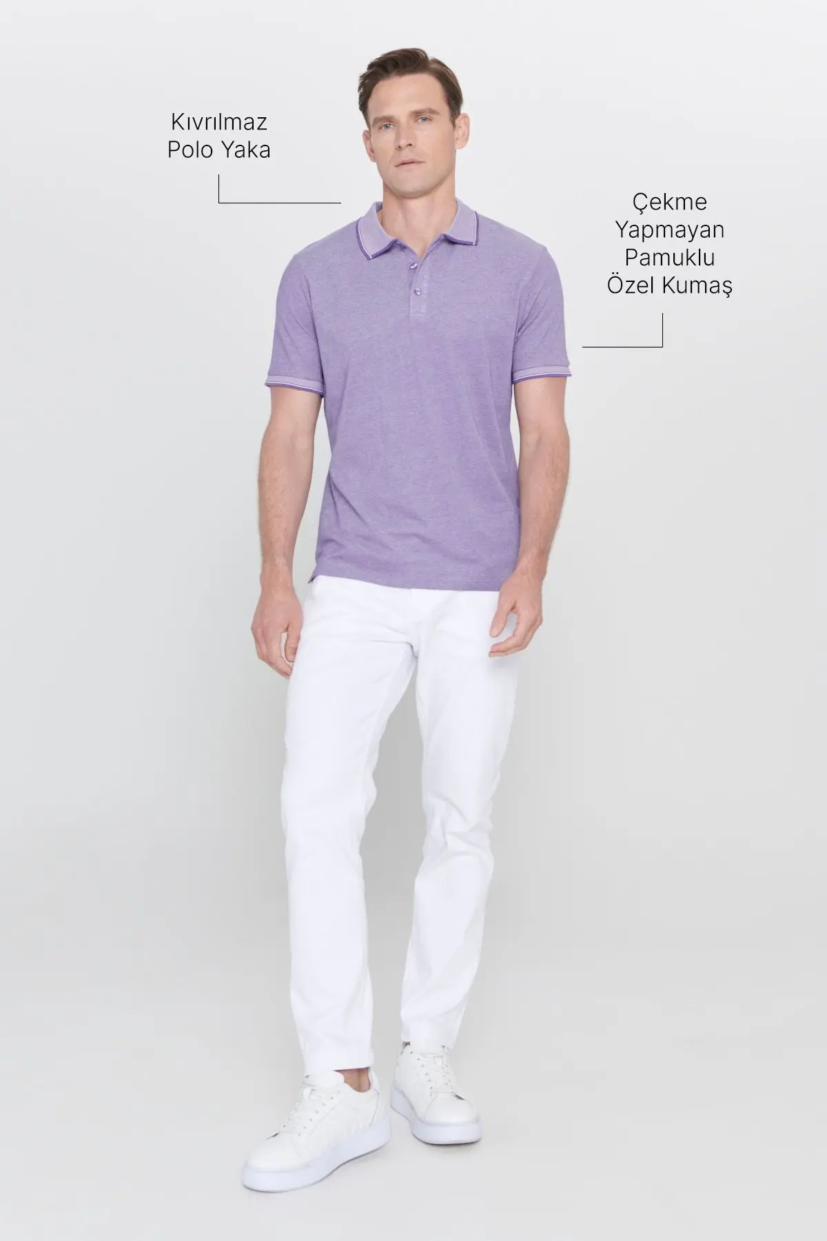 Erkek Çekmeyen Pamuklu Kumaş Slim Fit Dar Kesim Mor-Beyaz Kıvrılmaz Polo Yaka Tişört