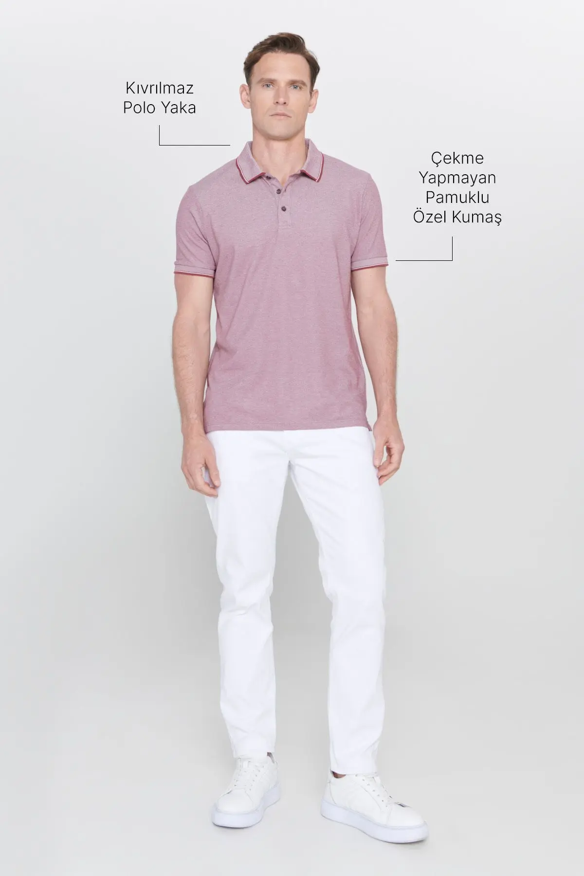Erkek Çekmeyen Pamuklu Kumaş Slim Fit Dar Kesim Bordo Kıvrılmaz Polo Yaka T-shirt