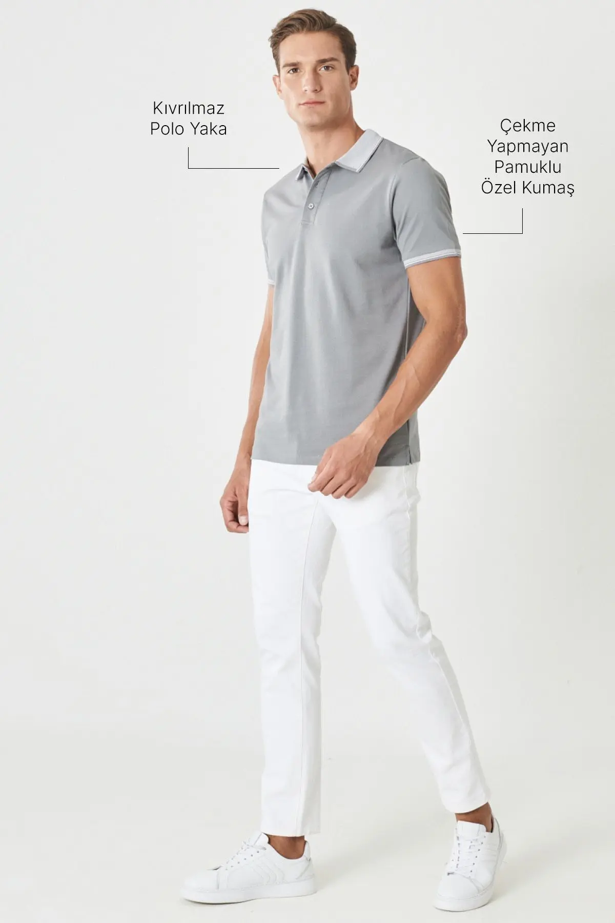 Erkek Çekmeyen Pamuklu Kumaş Slim Fit Dar Kesim Gri Kıvrılmaz Polo Yaka T-shirt