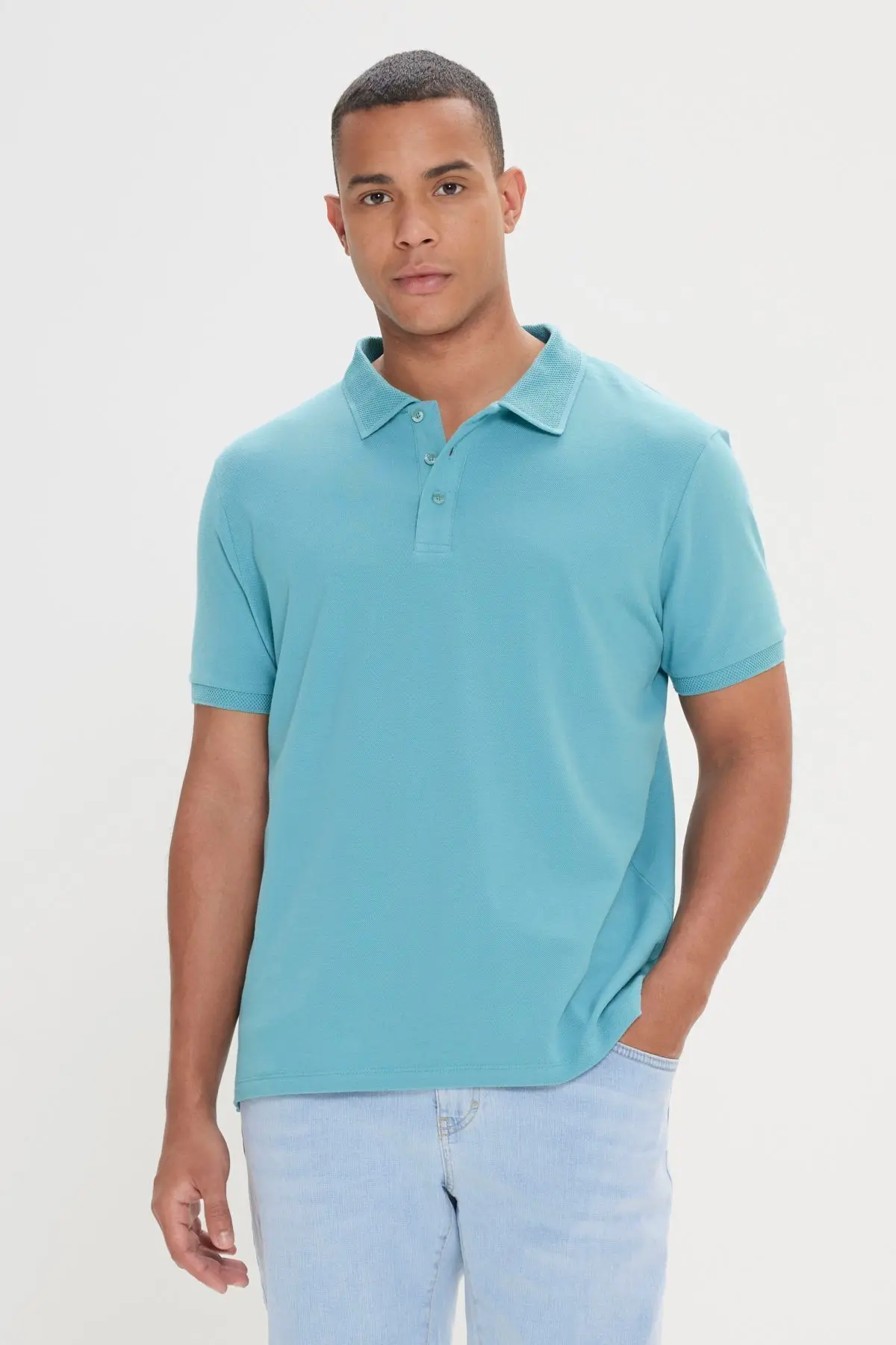 Erkek Petrol %100 Pamuk Kıvrılmaz Pike Polo Yaka Slim Fit Dar Kesim Tişört