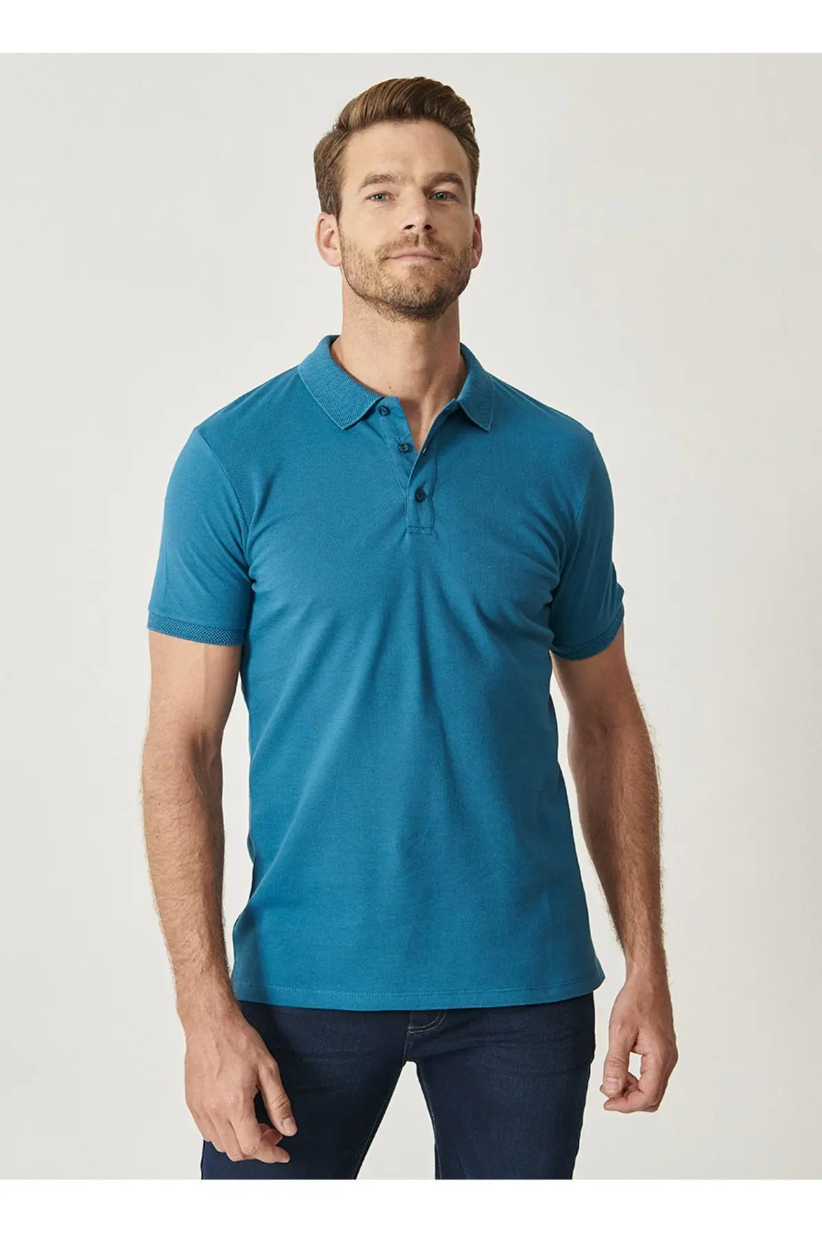 Altınyıldız Classics Erkek Havacı Mavi %100 Pamuk Kıvrılmaz Pike Polo Yaka Slim Fit Dar Kesim Tişört