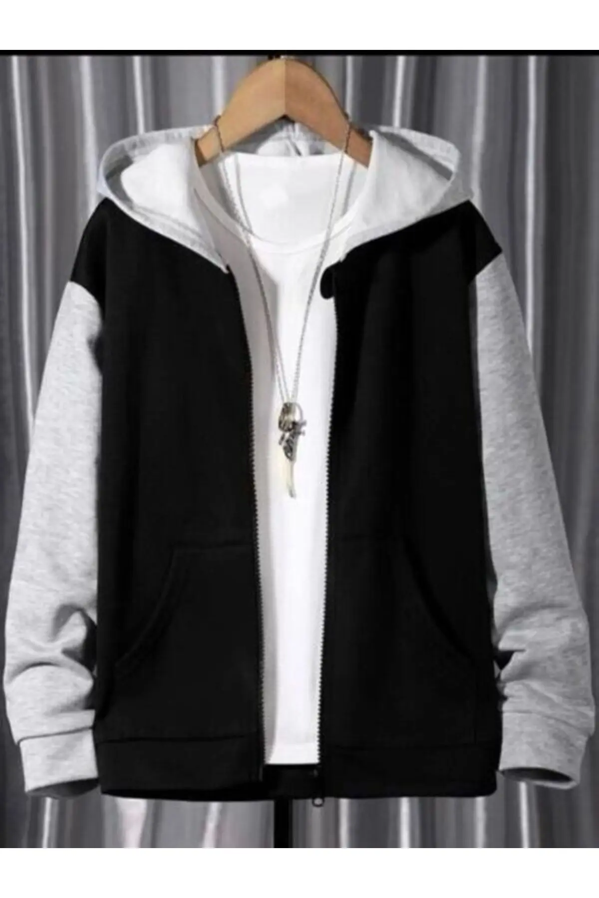 Kadın Kapşonlu Oversize Çiçekli Kelebek Baskılı Siyah-Gri Detaylı Fermuarlı Hırka