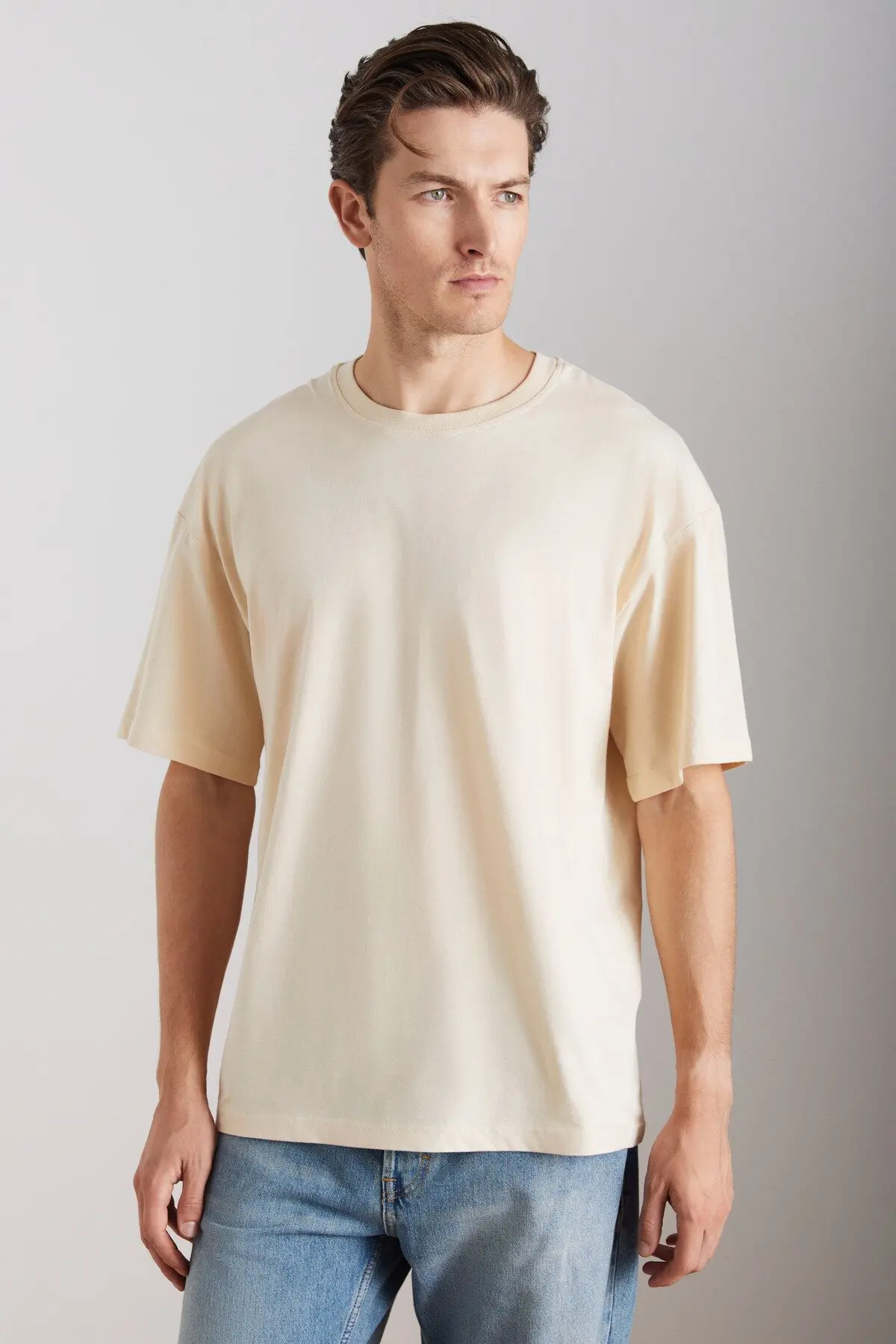 GRIMELANGE JETT Erkek Oversize Fit %100 Pamuk Kalın Dokulu Vanilya T-Shirt