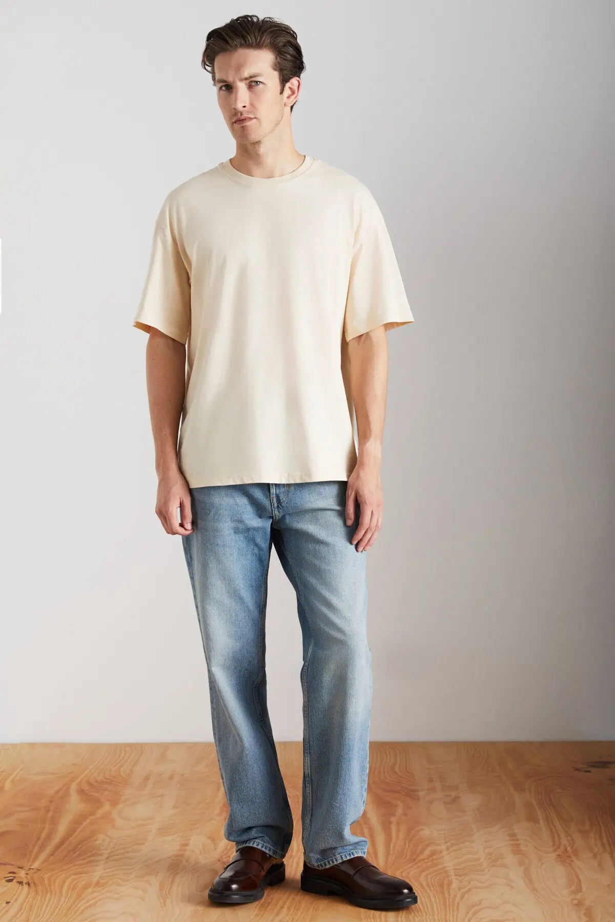 JETT Erkek Oversize Fit %100 Pamuk Kalın Dokulu Vanilya T-Shirt