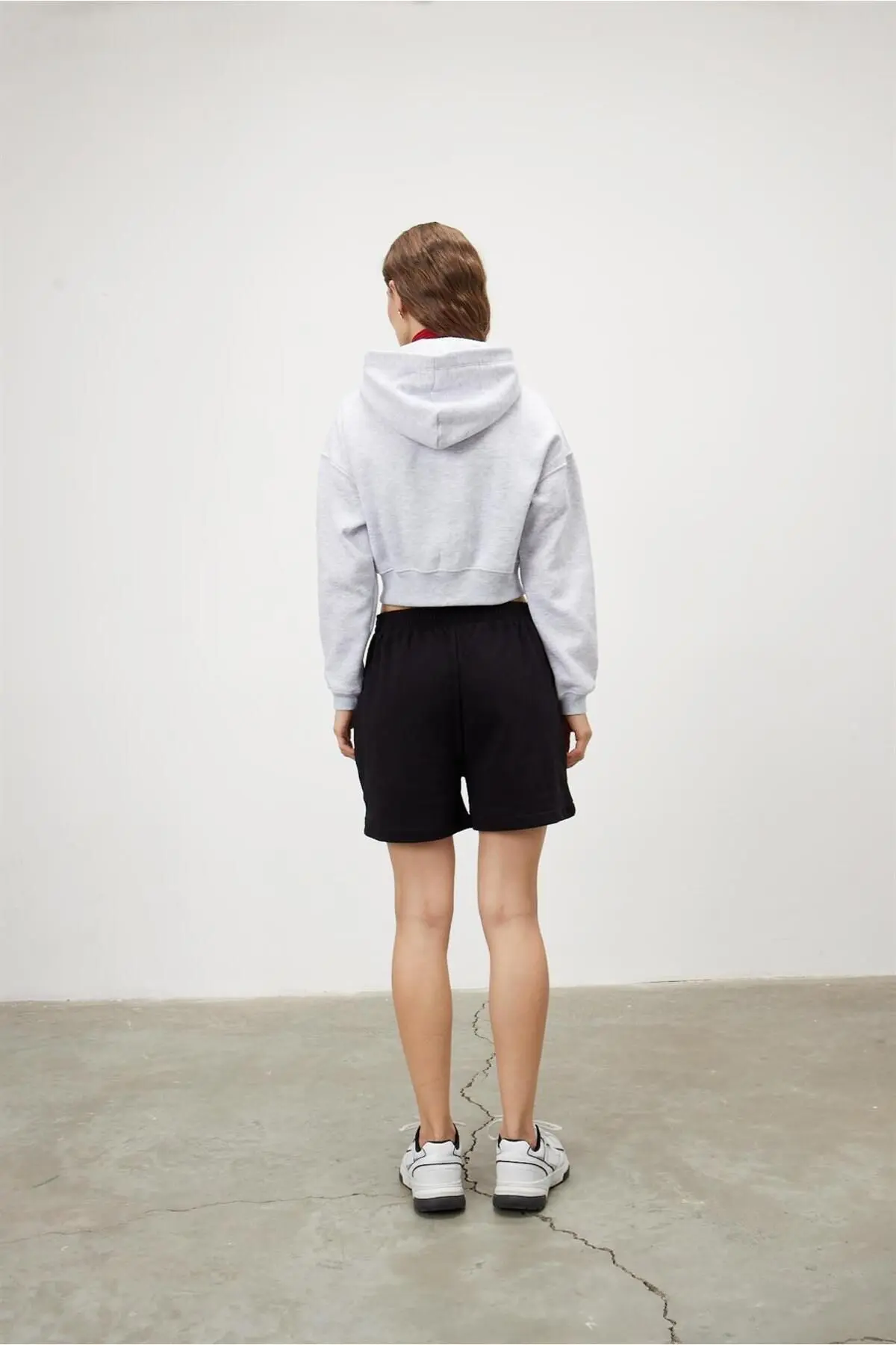 Kadın Kar Melanj Kapüşonlu Şardonlu Crop Sweatshirt Hırka