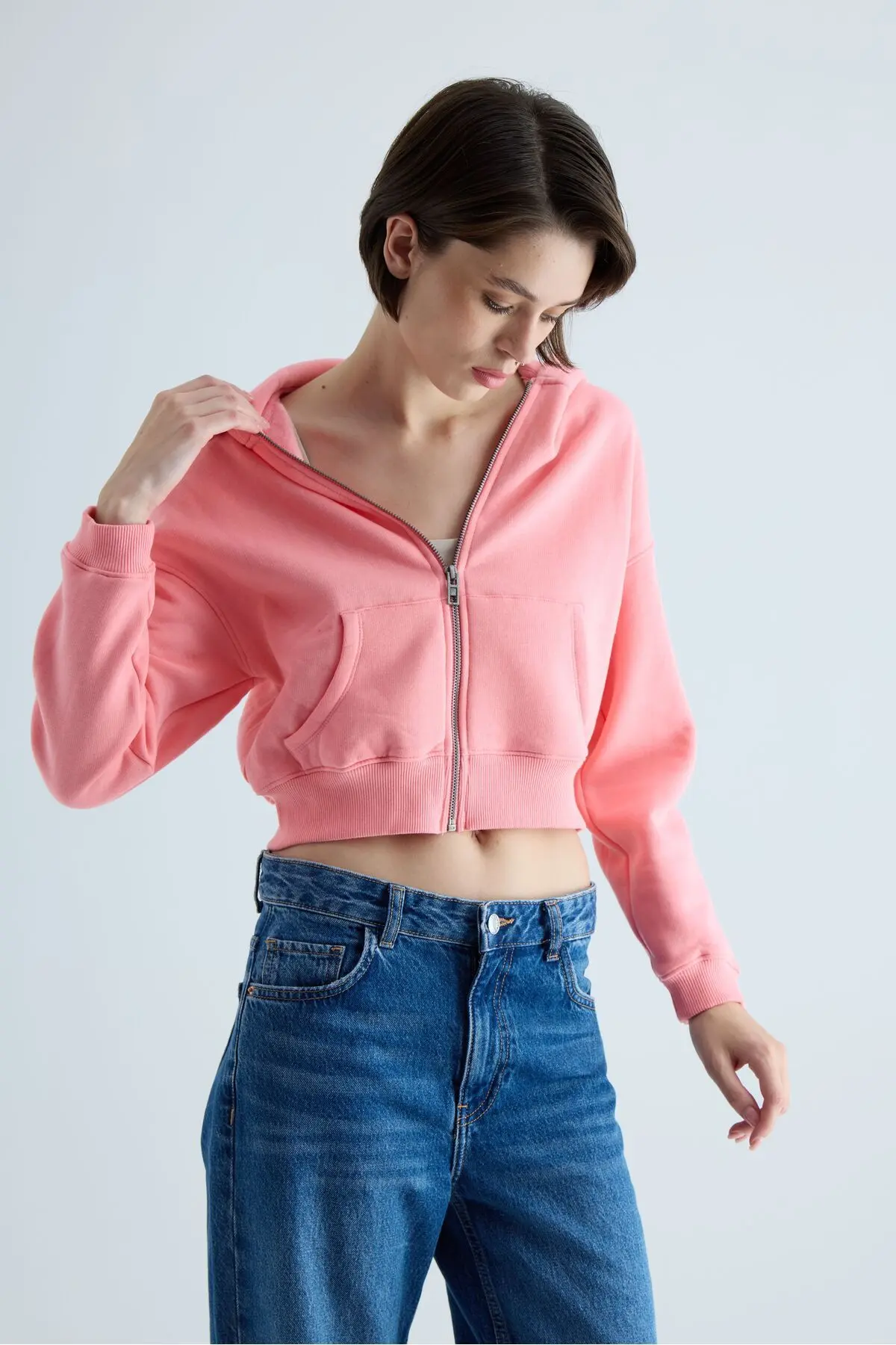 TUBİA Kadın Pembe Renk Kapüşonlu Şardonlu Crop Sweatshirt Hırka
