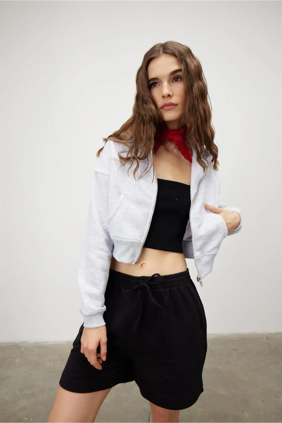 Kadın Kar Melanj Kapüşonlu Şardonlu Crop Sweatshirt Hırka