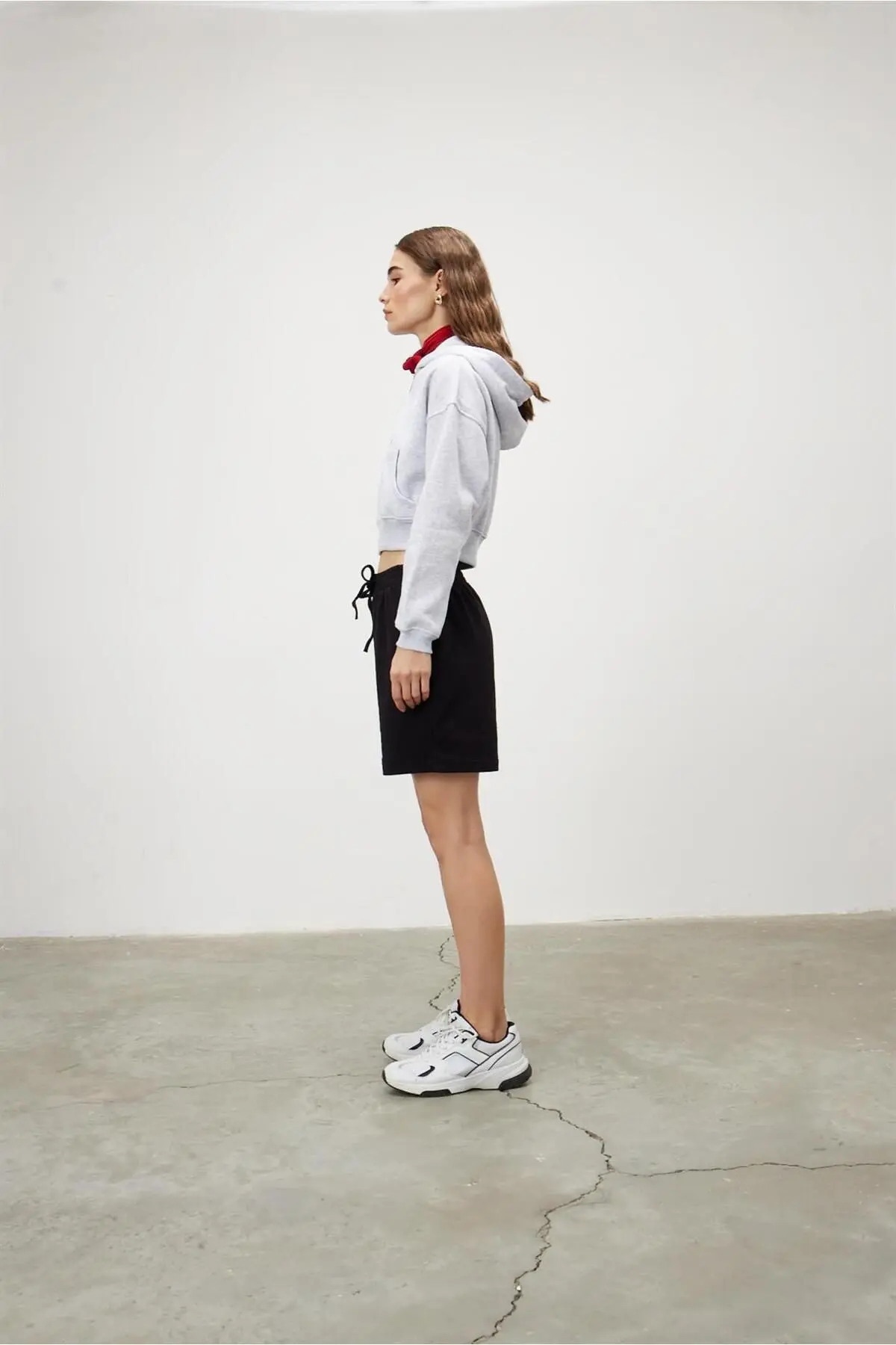 Kadın Kar Melanj Kapüşonlu Şardonlu Crop Sweatshirt Hırka