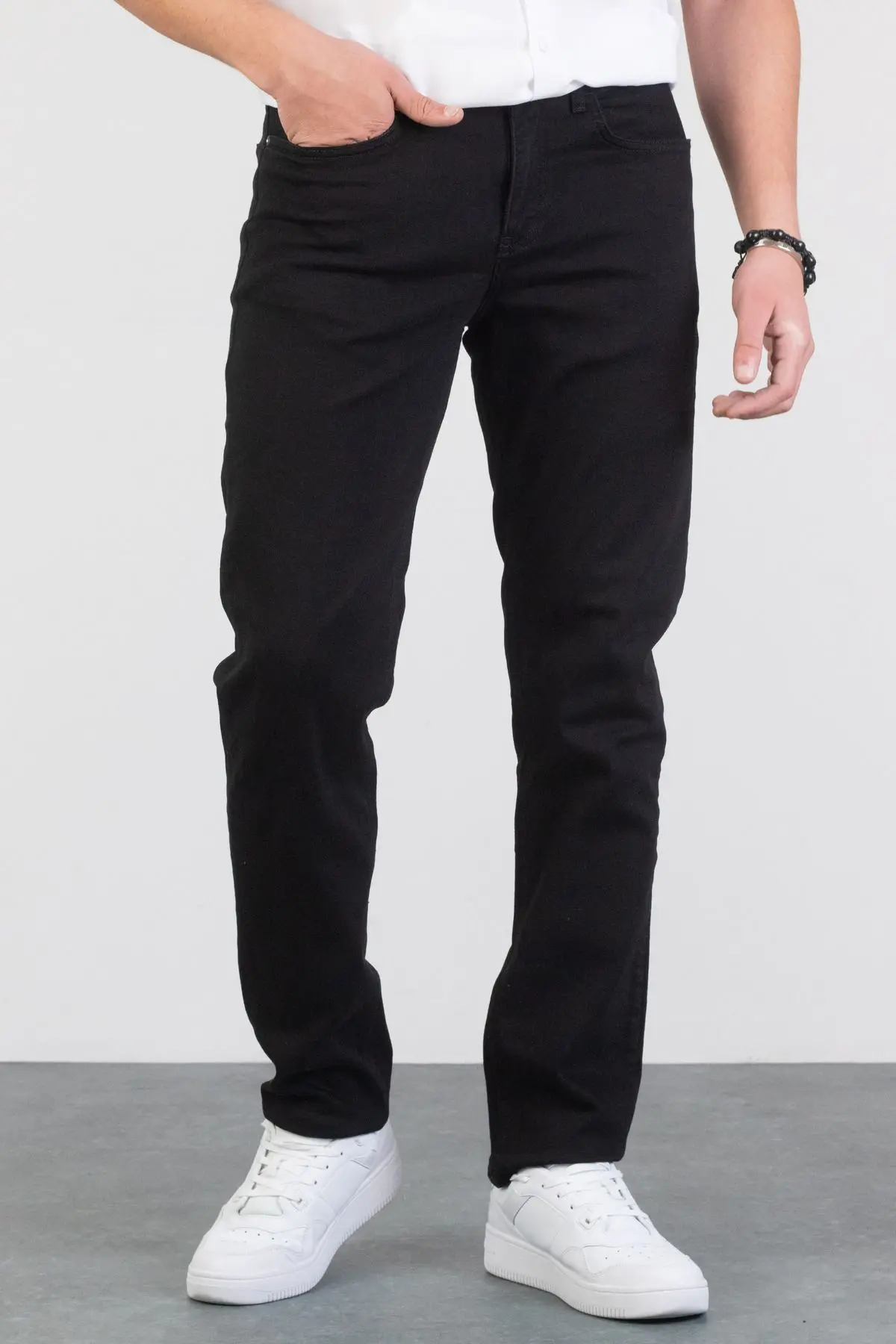 Erkek Siyah Regular Boru Paça Esnek Likralı Denim Jeans Kot Pantolon HLTHE001973 - SİYAH