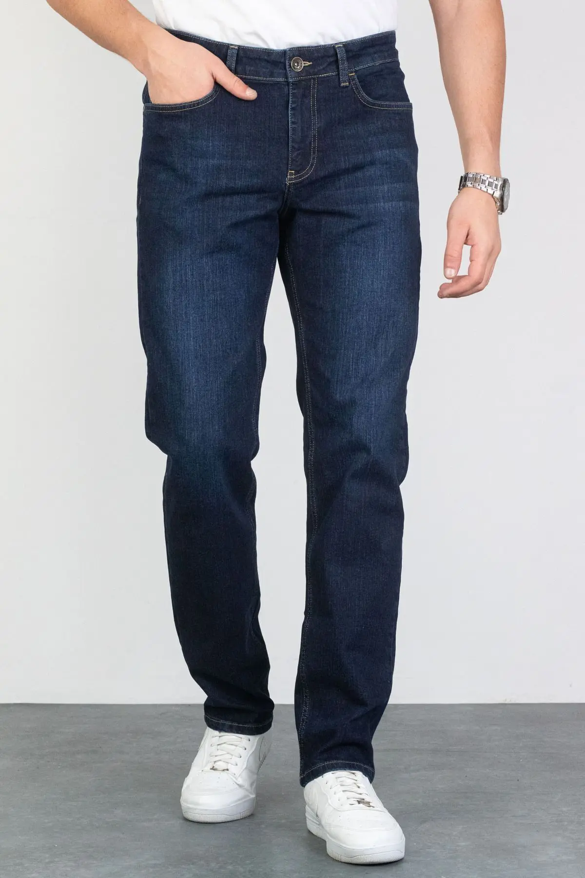 HLT JEANS Erkek Koyu Mavi Regular Fit Boru Paça Esnek Likralı Jeans Kot Pantolon Hlthe001977