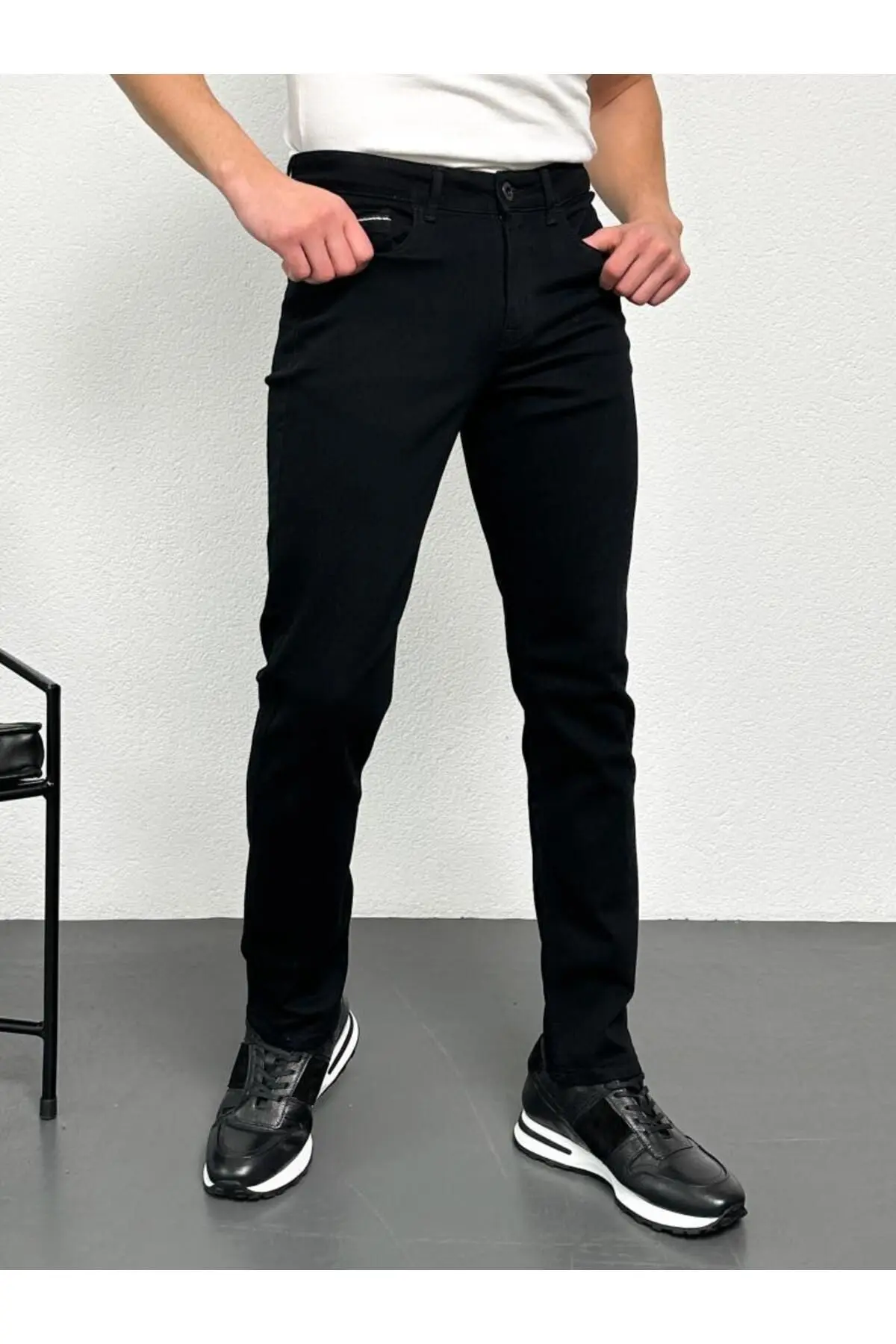 Erkek Siyah Şeritli Model Regular Fit Rahat Kesim Esnek Likralı Denim Jeans Kot Pantolon Hlthe001914