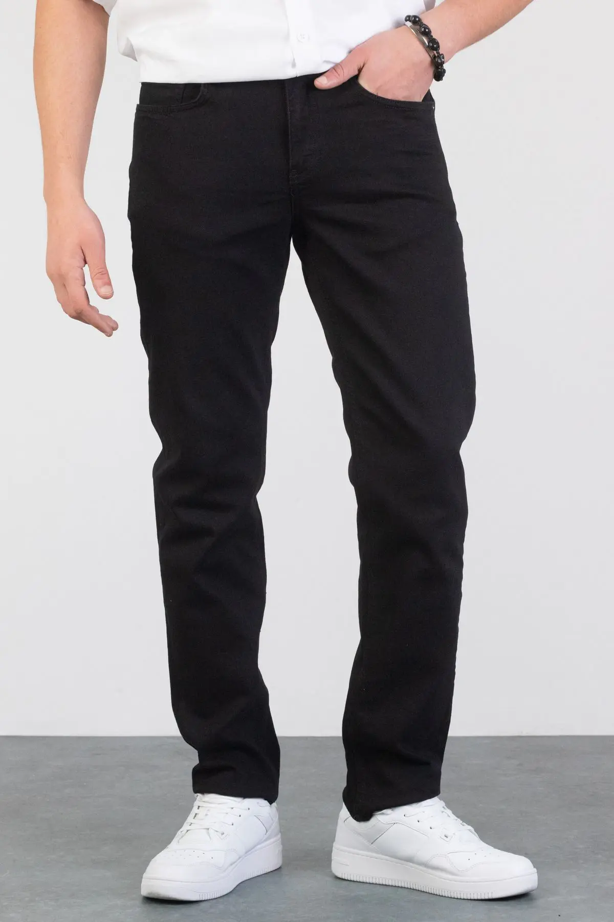 Erkek Siyah Regular Boru Paça Esnek Likralı Denim Jeans Kot Pantolon HLTHE001973 - SİYAH