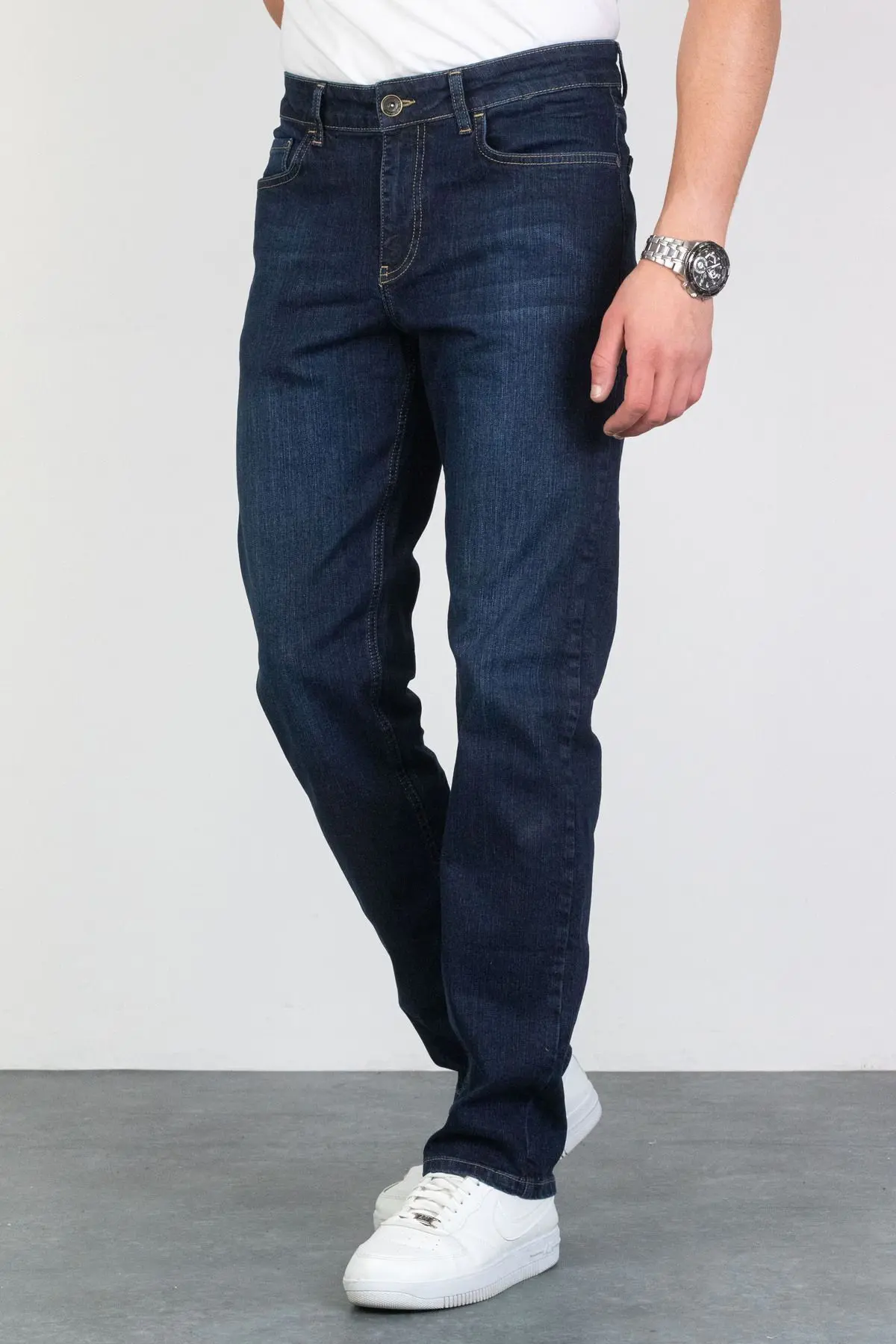 Erkek Koyu Mavi Regular Fit Boru Paça Esnek Likralı Jeans Kot Pantolon Hlthe001977